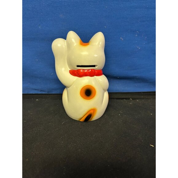 Ceramic White & Orange Maneki Neko Lucky Cat Coin Bank With Red Collar & Gold Gl - Picture 4 of 4